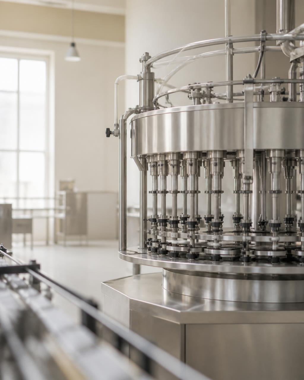 Stainless steel filling machine on a food production line
